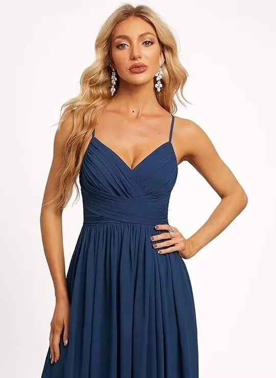 Chiffon V Neck Bridesmaid Dresses for Women 2025 Long Spaghetti Straps Formal Evening Party Gowns with Slit CD040