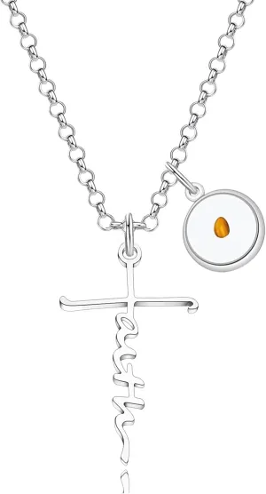 Christian Jewelry Faith Cross Lettering Necklace with Real Mustard Seed Inspirational Christian Gift Faith Jewelry