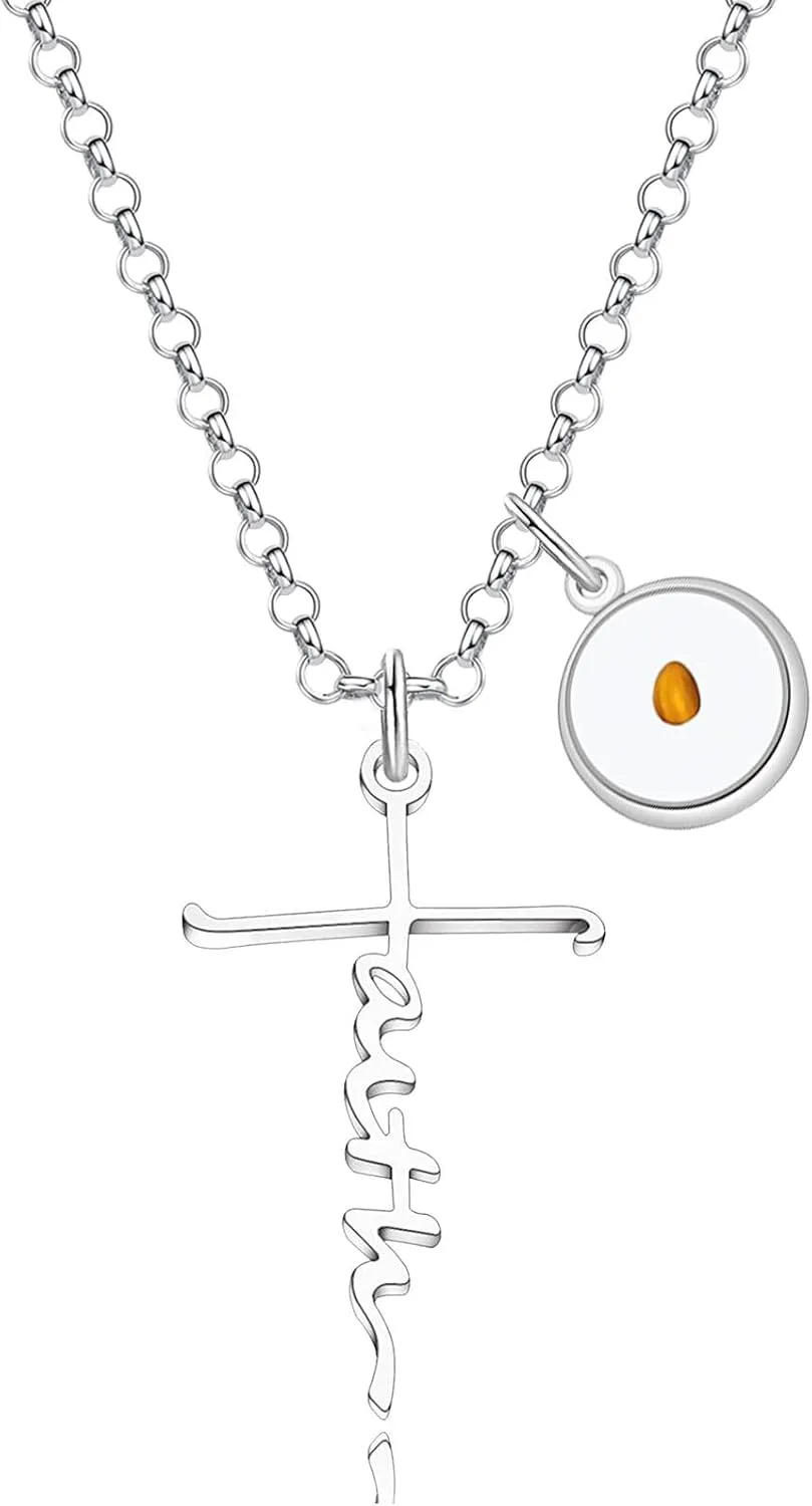 Christian Jewelry Faith Cross Lettering Necklace with Real Mustard Seed Inspirational Christian Gift Faith Jewelry