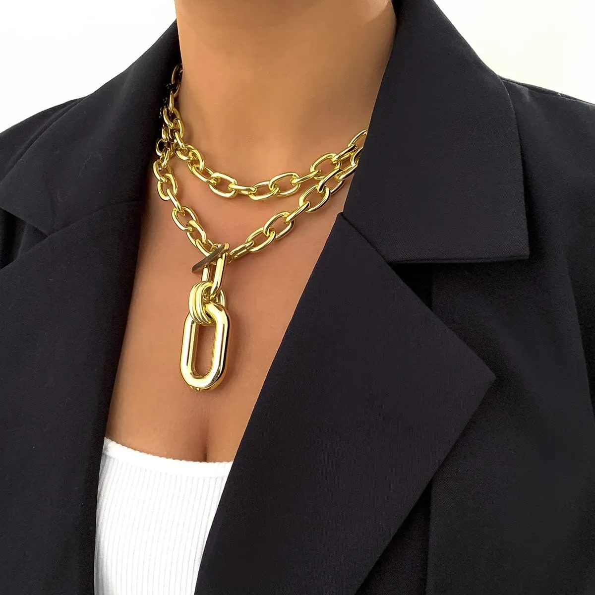 CJIAYUJEW Black Layered Necklace Paperclip Gold Silver Chain Necklaces Stack Coin Heart Chunky Gold Pendant Necklace Dainty Cuban Chain Jewelry