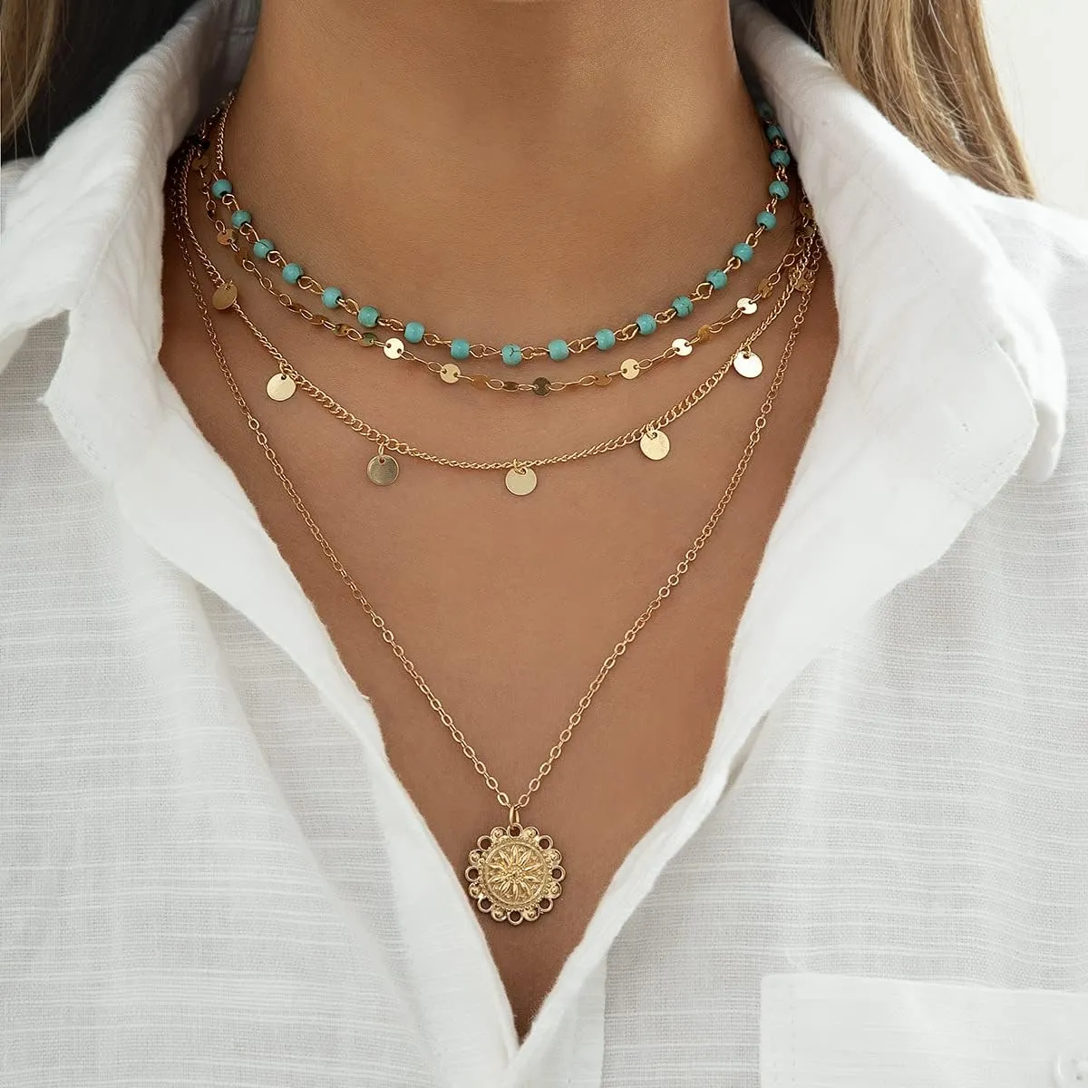 CJIAYUJEW Gold Layered Turquoise Necklace for Women Dainty Layering Choker Necklace Multi Boho Turquoise Long Necklace Simple Multilayer Coin Pendant Necklace Set