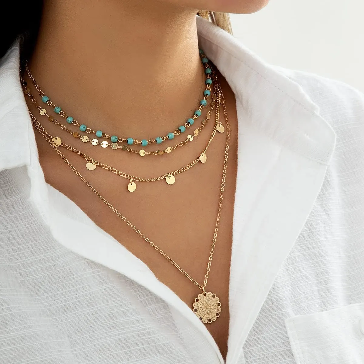 CJIAYUJEW Gold Layered Turquoise Necklace for Women Dainty Layering Choker Necklace Multi Boho Turquoise Long Necklace Simple Multilayer Coin Pendant Necklace Set