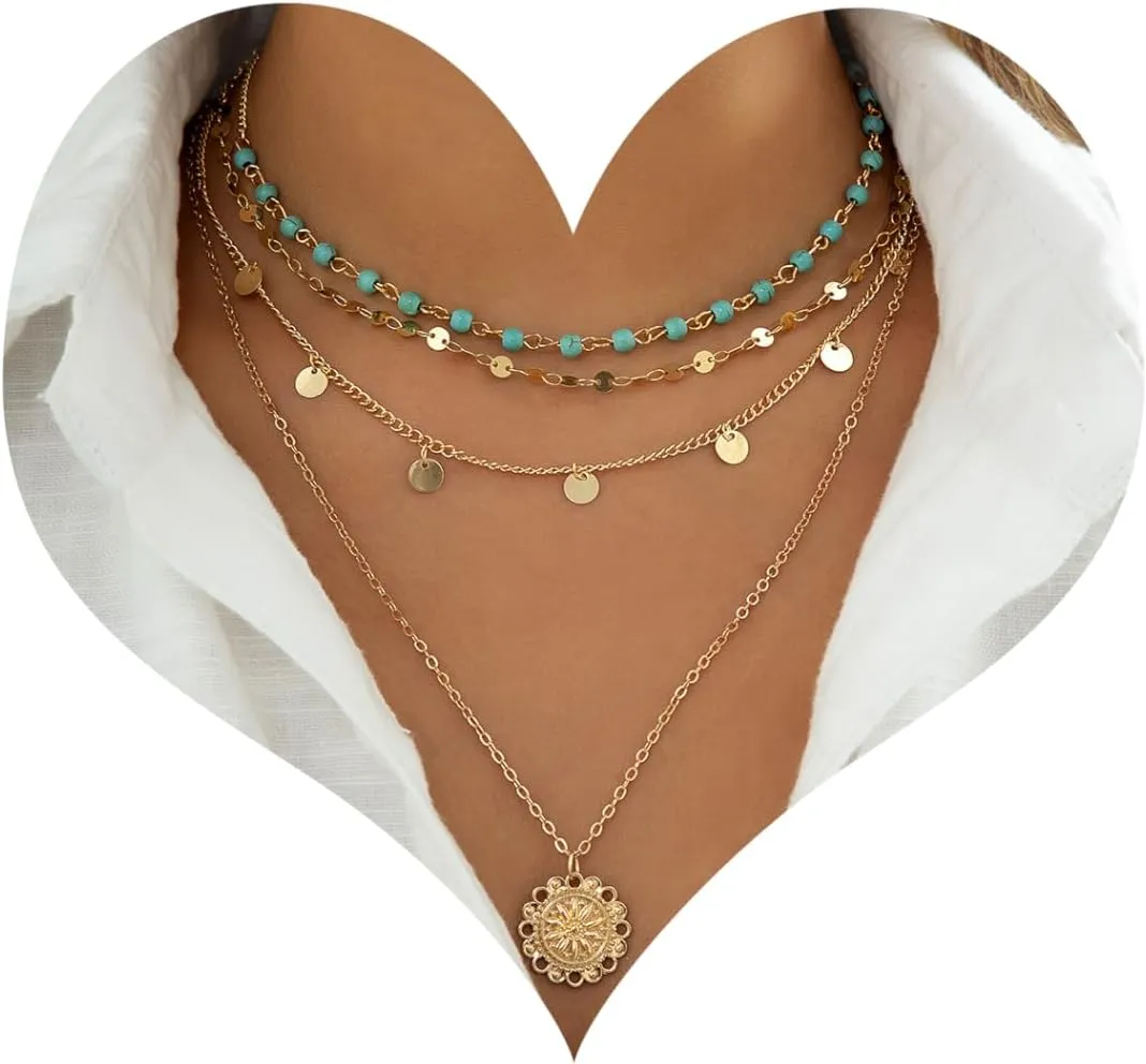 CJIAYUJEW Gold Layered Turquoise Necklace for Women Dainty Layering Choker Necklace Multi Boho Turquoise Long Necklace Simple Multilayer Coin Pendant Necklace Set
