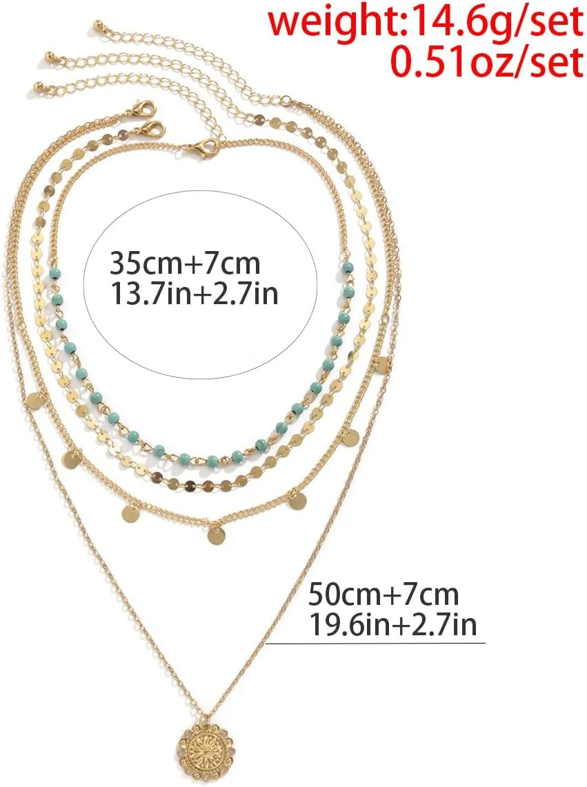 CJIAYUJEW Gold Layered Turquoise Necklace for Women Dainty Layering Choker Necklace Multi Boho Turquoise Long Necklace Simple Multilayer Coin Pendant Necklace Set