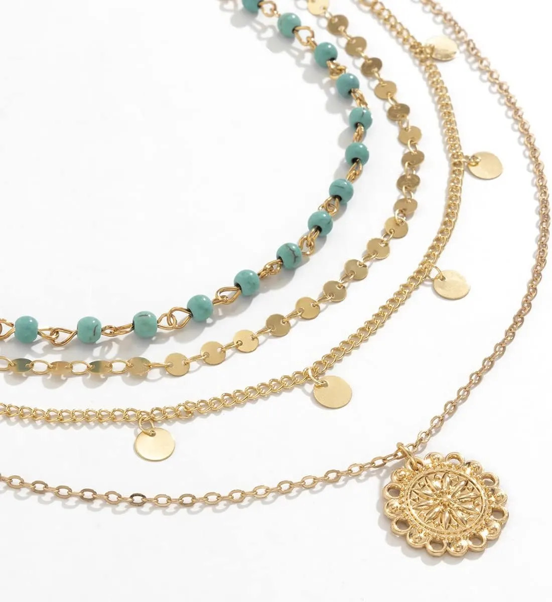 CJIAYUJEW Gold Layered Turquoise Necklace for Women Dainty Layering Choker Necklace Multi Boho Turquoise Long Necklace Simple Multilayer Coin Pendant Necklace Set