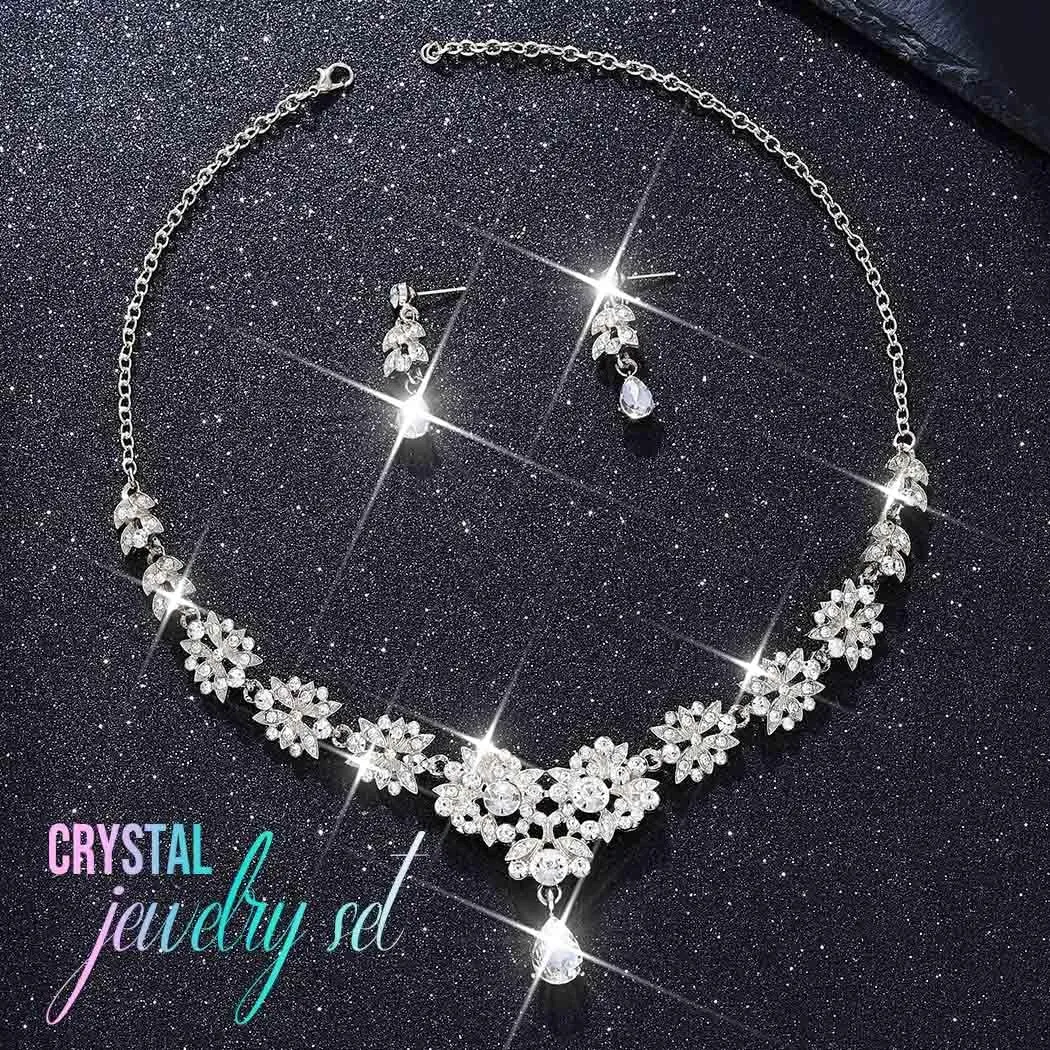 CLOACE Rhinestone Wedding Bridal Jewelry Set Silver Sparkly Earrings Prom Necklace Jewelry Accessories for Women