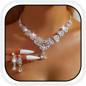 CLOACE Rhinestone Wedding Bridal Jewelry Set Silver Sparkly Earrings Prom Necklace Jewelry Accessories for Women