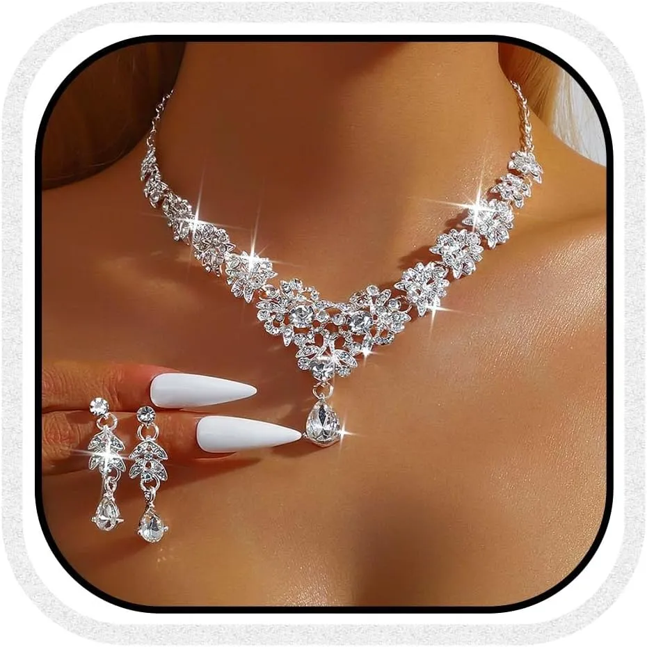 CLOACE Rhinestone Wedding Bridal Jewelry Set Silver Sparkly Earrings Prom Necklace Jewelry Accessories for Women