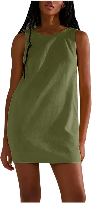 Cotton Dresses for Women 2024 Casual Crewneck Summer Mini Dress Slim Fit Sleeveless Party Club Mini Dress