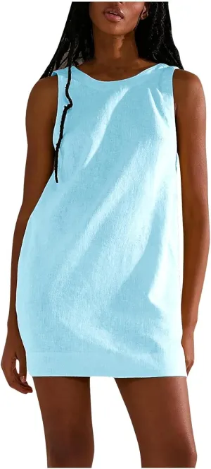 Cotton Dresses for Women 2024 Casual Crewneck Summer Mini Dress Slim Fit Sleeveless Party Club Mini Dress