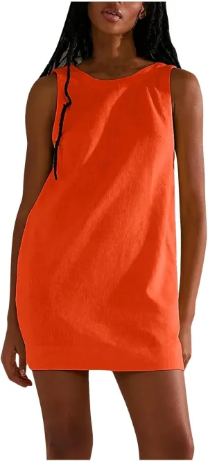 Cotton Dresses for Women 2024 Casual Crewneck Summer Mini Dress Slim Fit Sleeveless Party Club Mini Dress