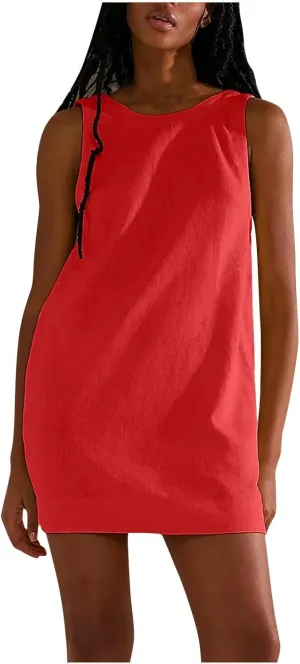 Cotton Dresses for Women 2024 Casual Crewneck Summer Mini Dress Slim Fit Sleeveless Party Club Mini Dress
