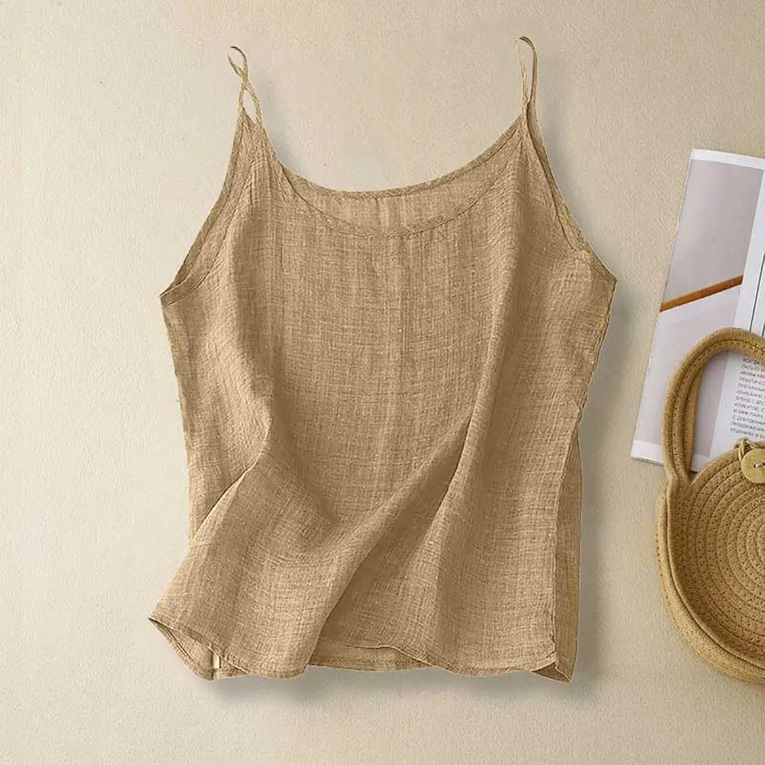 Cotton Linen Camisole Tops for Women 2025 Spaghetti Strap Loose Fit Tank Top Cami Summer Casual Sleeveless Shirts