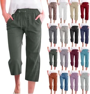Cotton Linen Capri Pants for Women 2025 Casual Summer Drawstring Elastic Waist Wide Leg Cropped Trousers with Pockets