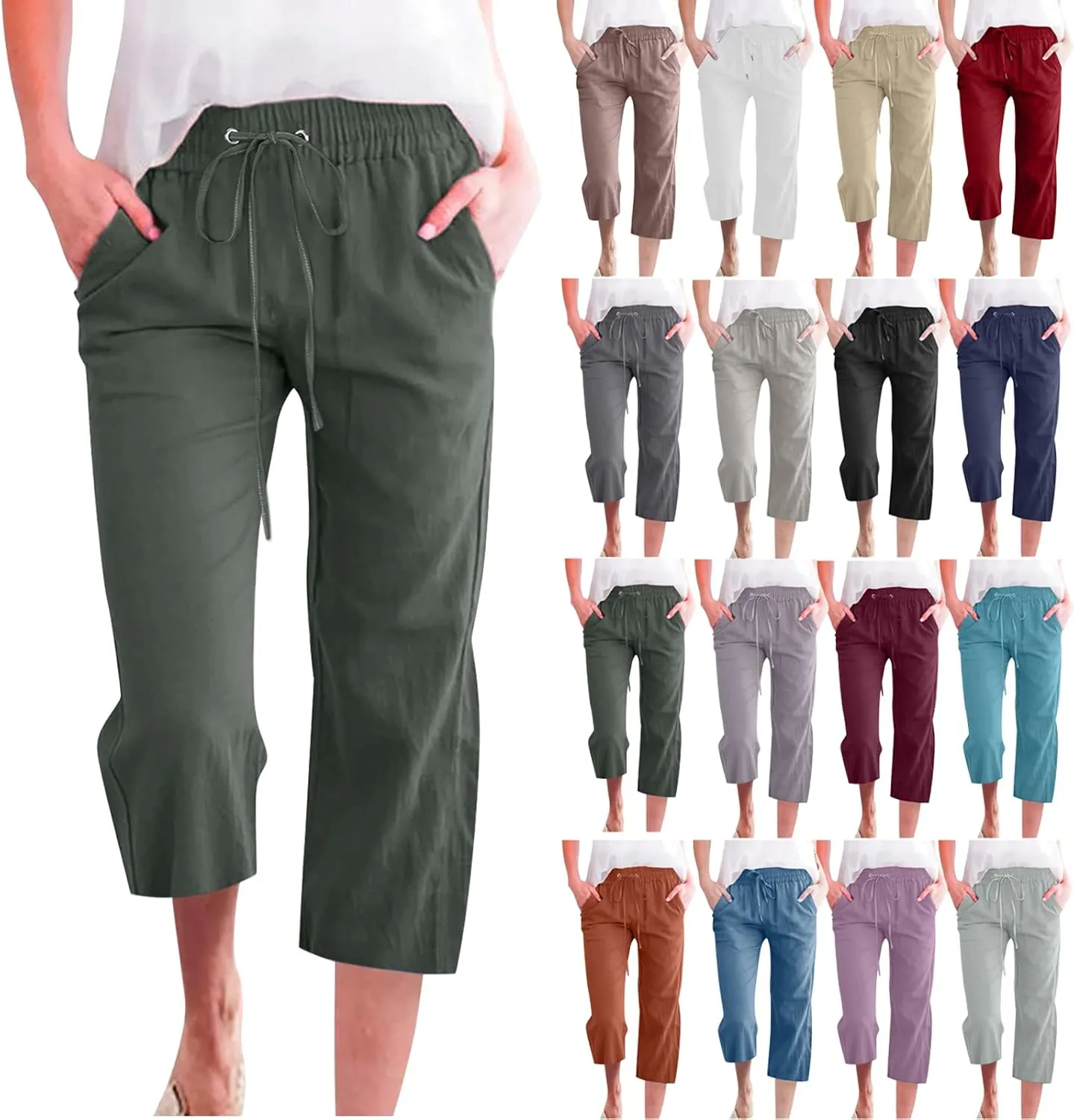 Cotton Linen Capri Pants for Women 2025 Casual Summer Drawstring Elastic Waist Wide Leg Cropped Trousers with Pockets