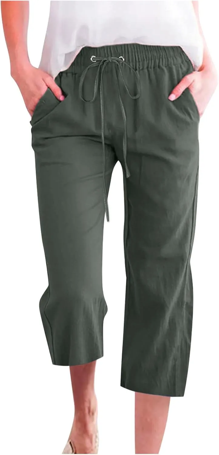 Cotton Linen Capri Pants for Women 2025 Casual Summer Drawstring Elastic Waist Wide Leg Cropped Trousers with Pockets