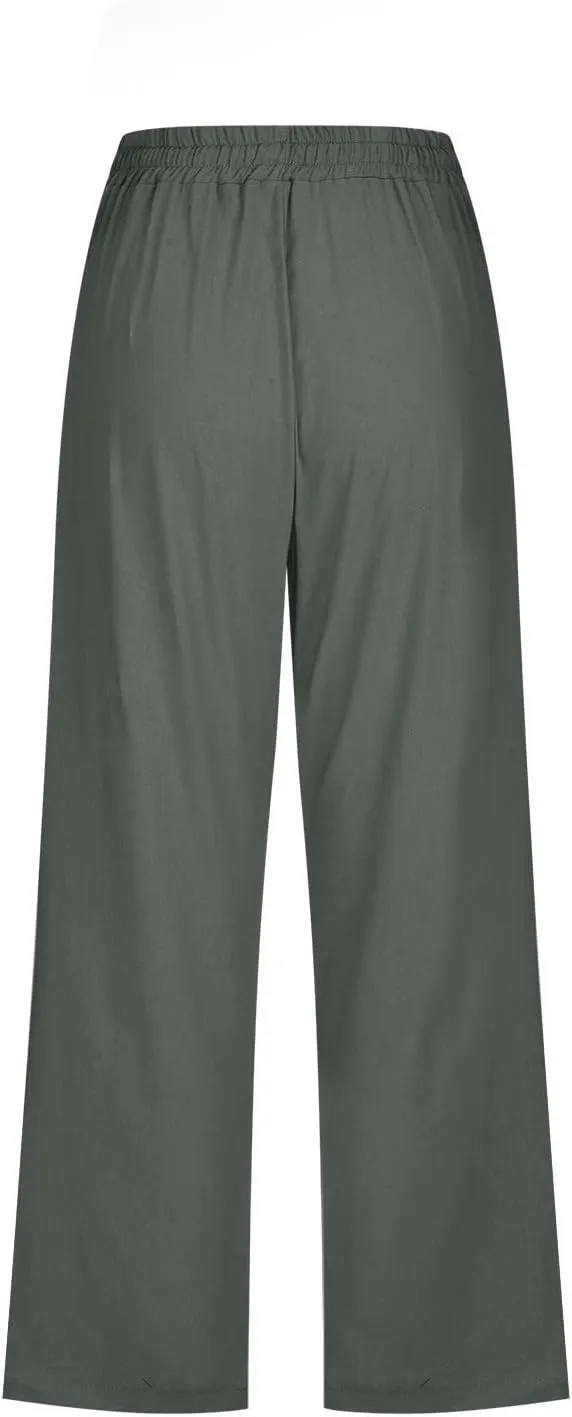 Cotton Linen Capri Pants for Women 2025 Casual Summer Drawstring Elastic Waist Wide Leg Cropped Trousers with Pockets