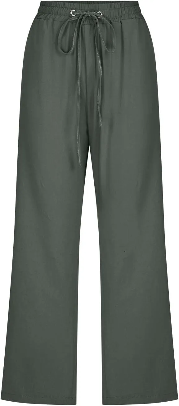 Cotton Linen Capri Pants for Women 2025 Casual Summer Drawstring Elastic Waist Wide Leg Cropped Trousers with Pockets