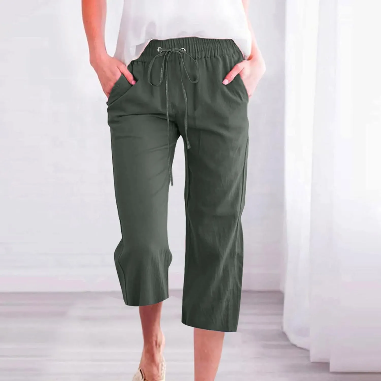 Cotton Linen Capri Pants for Women 2025 Casual Summer Drawstring Elastic Waist Wide Leg Cropped Trousers with Pockets