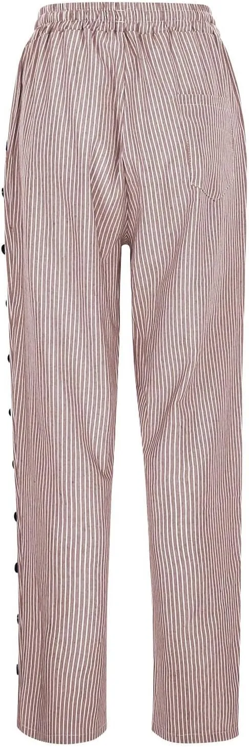 Cotton Linen Pants for Women Drawstring High Elastic Waist Trousers Summer Trendy Strip Buttoned Side Tapered Pants