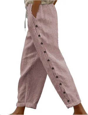 Cotton Linen Pants for Women Drawstring High Elastic Waist Trousers Summer Trendy Strip Buttoned Side Tapered Pants