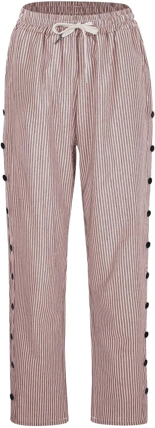 Cotton Linen Pants for Women Drawstring High Elastic Waist Trousers Summer Trendy Strip Buttoned Side Tapered Pants