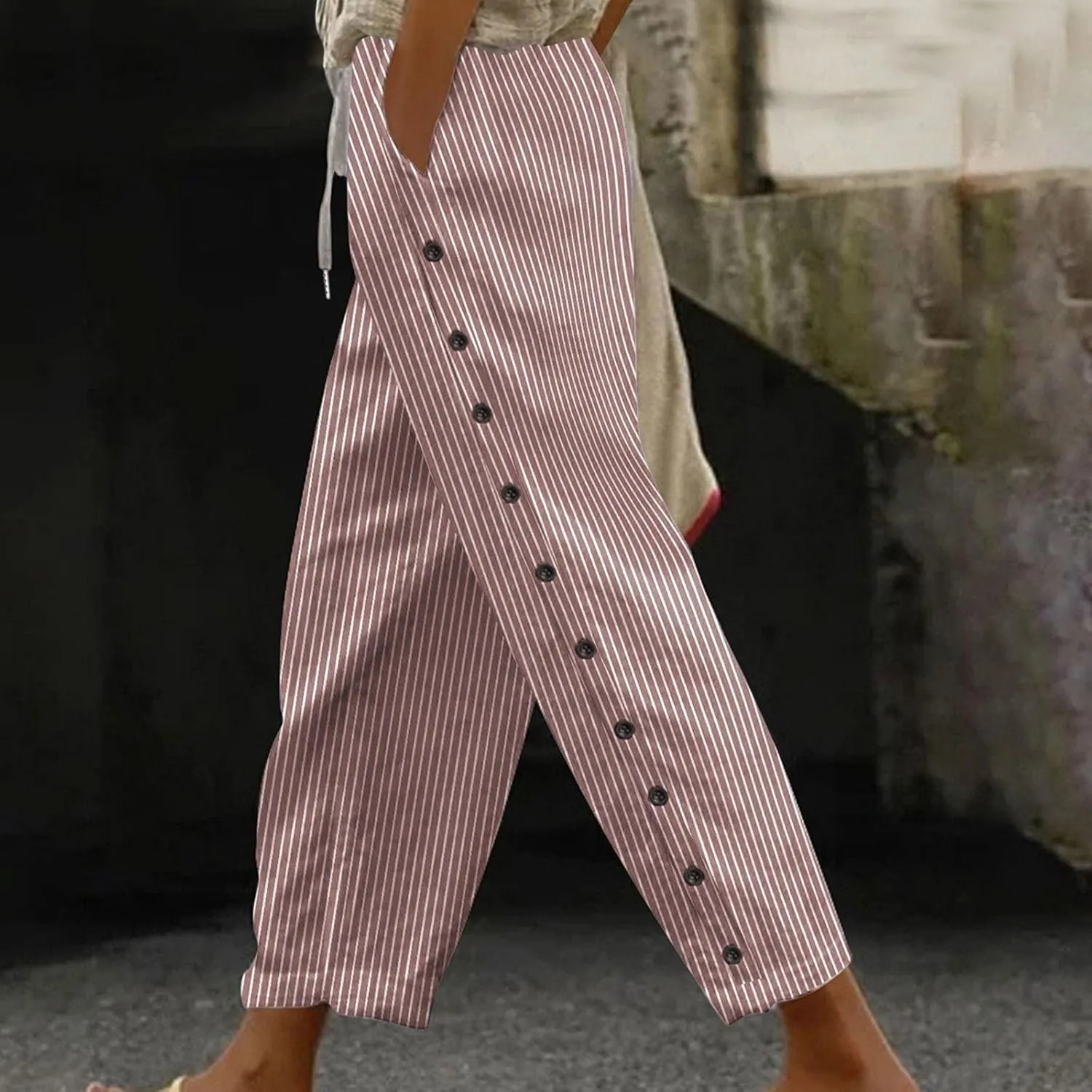 Cotton Linen Pants for Women Drawstring High Elastic Waist Trousers Summer Trendy Strip Buttoned Side Tapered Pants