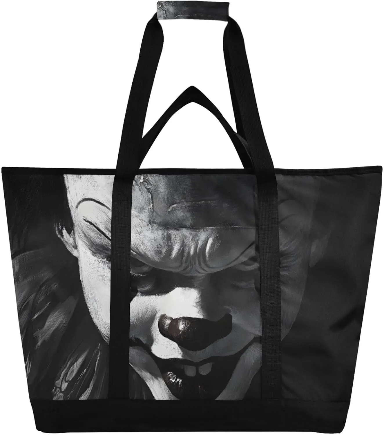 Creepy Clown Portrait Large Insulated Tote Bag for Grocery Shopping Reusable Tote Bags for Women Men, Cooler Bag with Zippered Top & Handles for Beach Picnic Travel