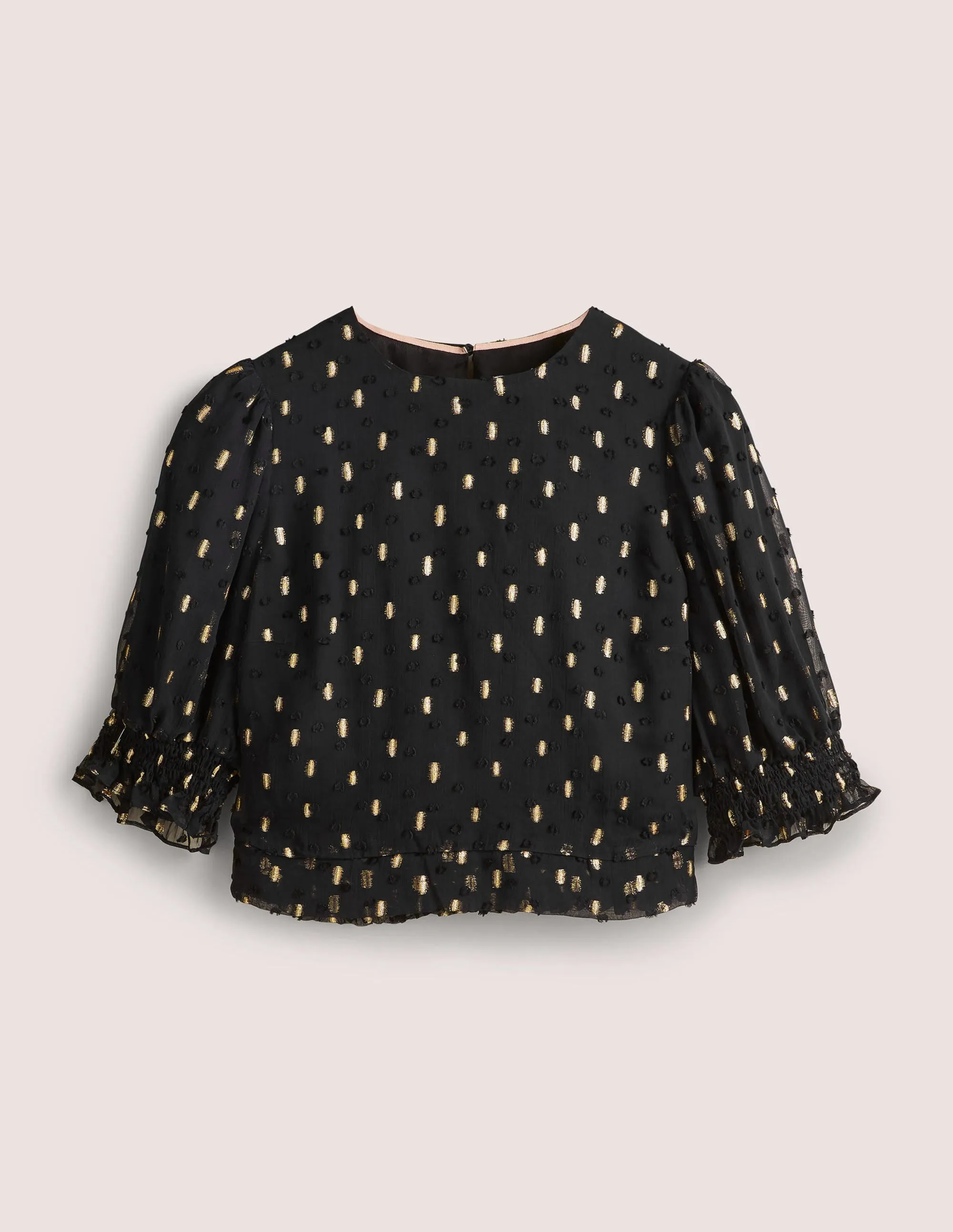 Cropped Metallic Smocked Top-Black and Gold Clip