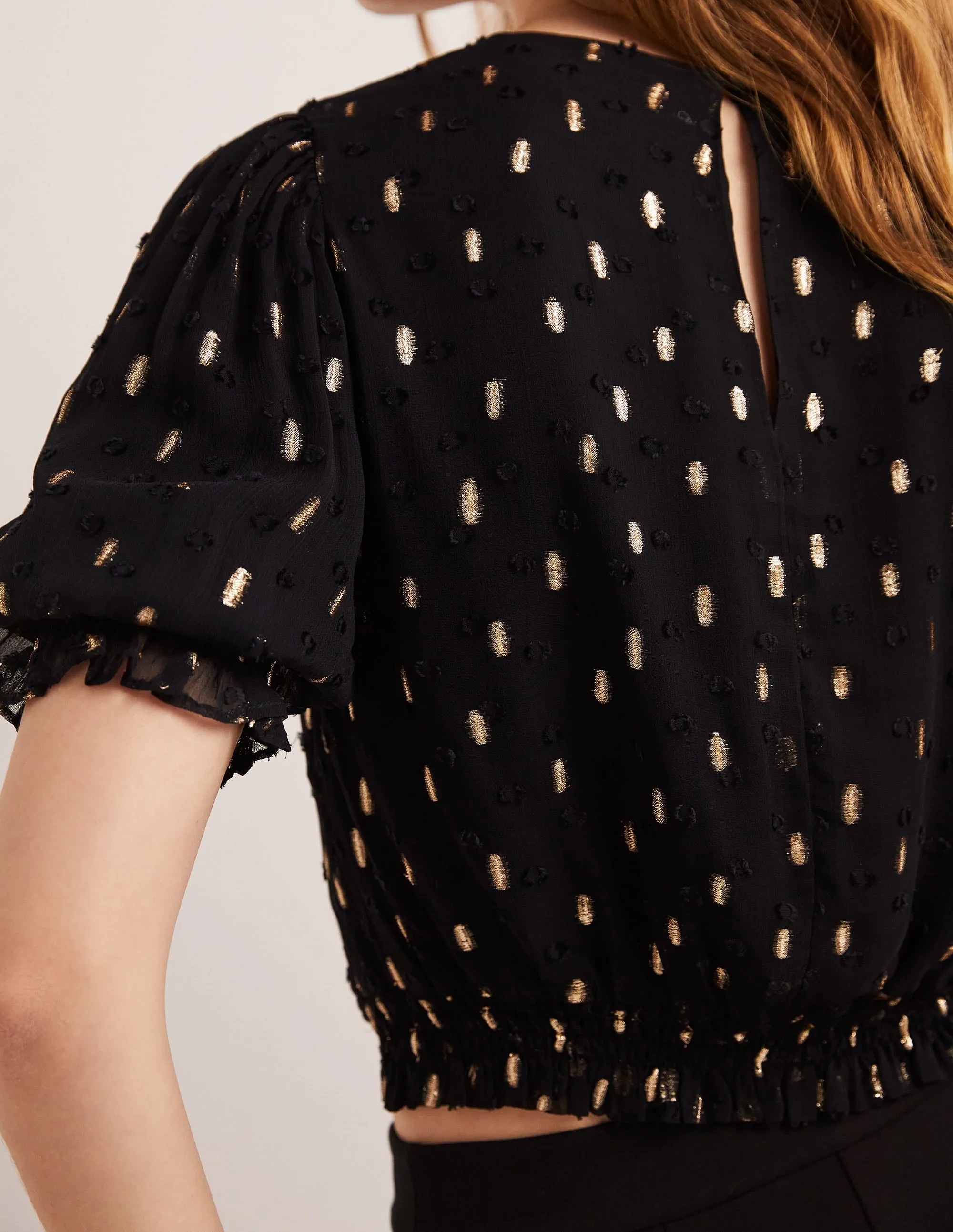 Cropped Metallic Smocked Top-Black and Gold Clip