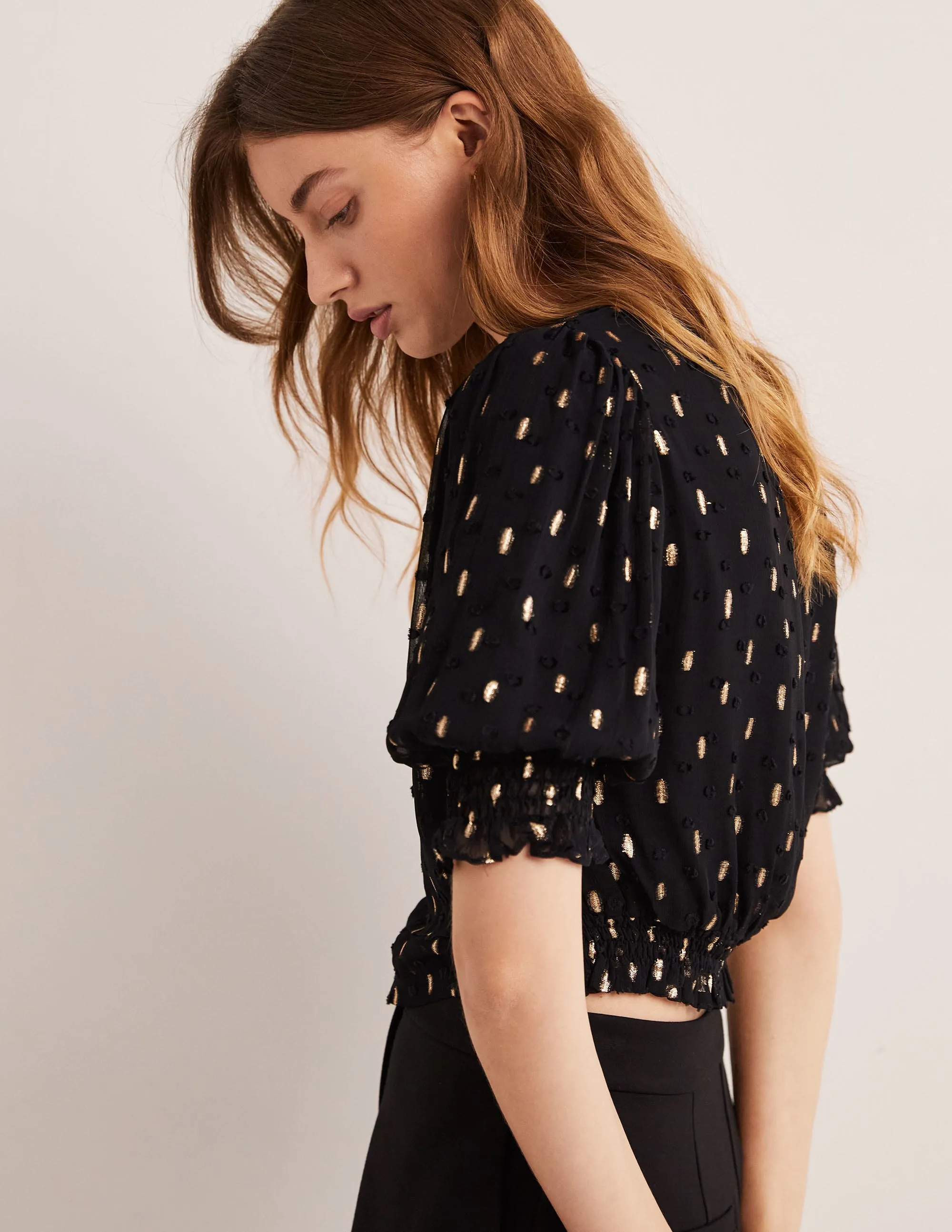 Cropped Metallic Smocked Top-Black and Gold Clip