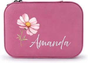 Custom Leather Jewelry Box with Name & Birth Flower Month, Birthday Gifts for Women, Personalized Jewelry Travel Case - Customized Jewelry Organizer Box, Mom Birthday Gifts, Pink