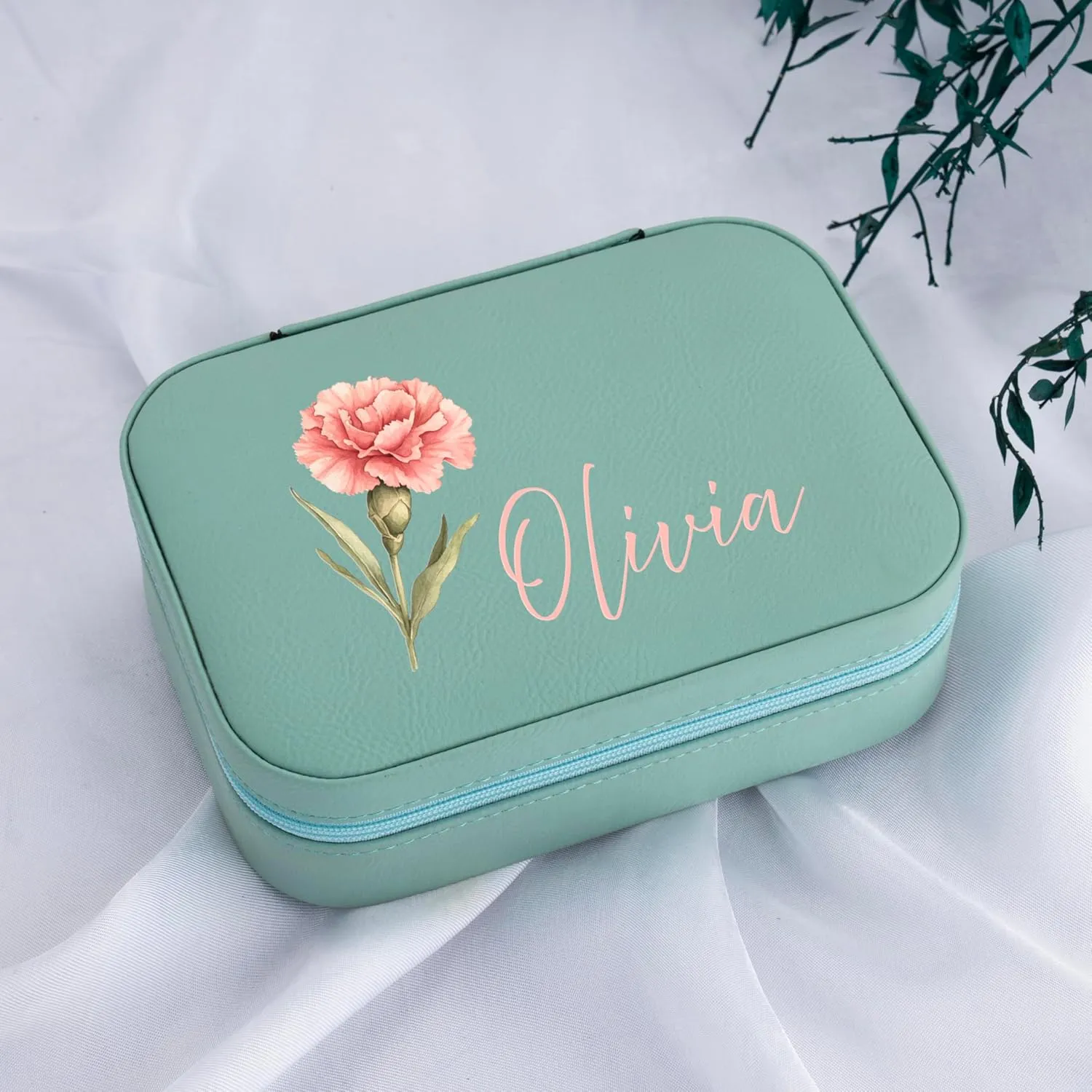 Custom Leather Jewelry Box with Name & Birth Flower Month, Birthday Gifts for Women, Personalized Jewelry Travel Case - Customized Jewelry Organizer Box, Mom Birthday Gifts, Pink