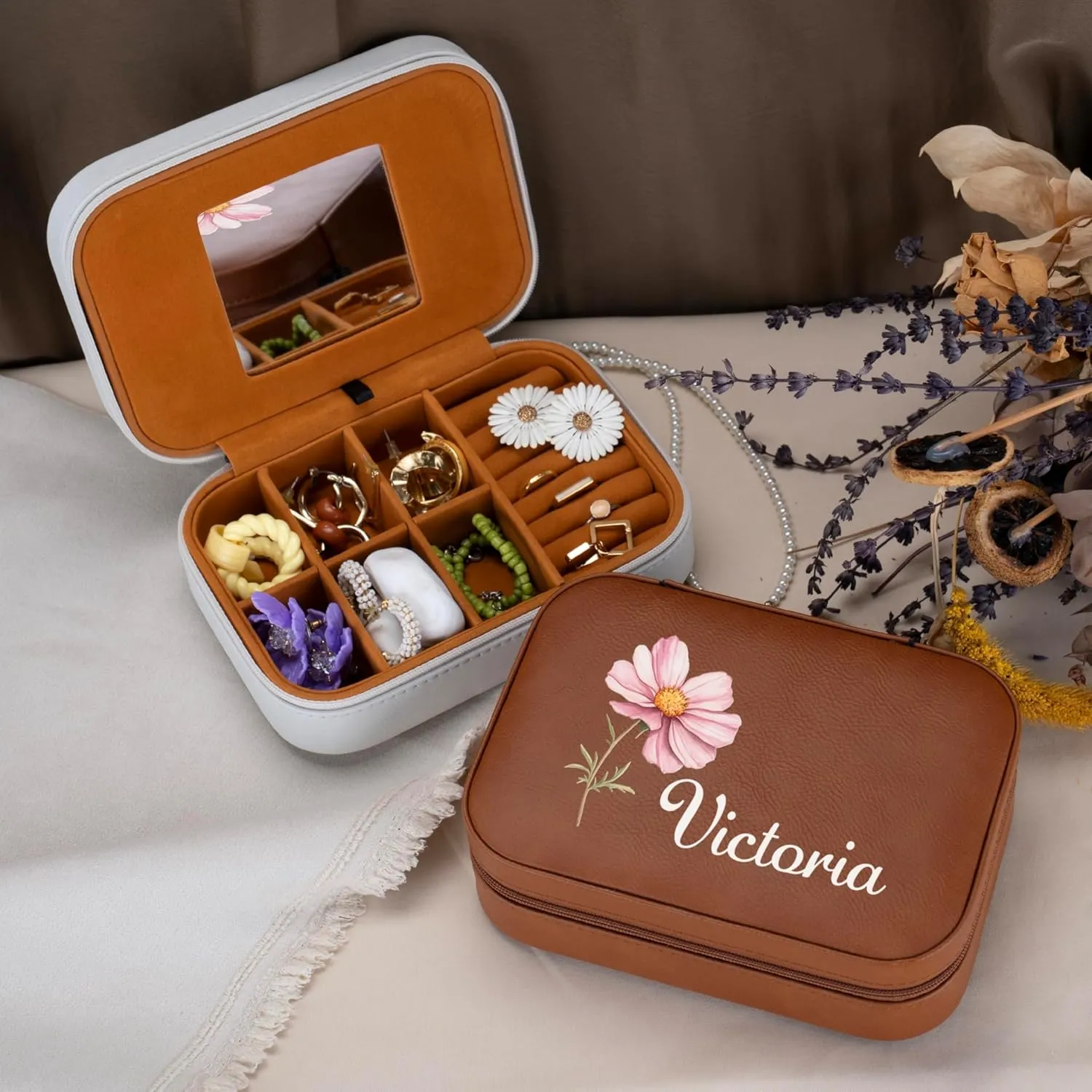 Custom Leather Jewelry Box with Name & Birth Flower Month, Birthday Gifts for Women, Personalized Jewelry Travel Case - Customized Jewelry Organizer Box, Mom Birthday Gifts, Pink