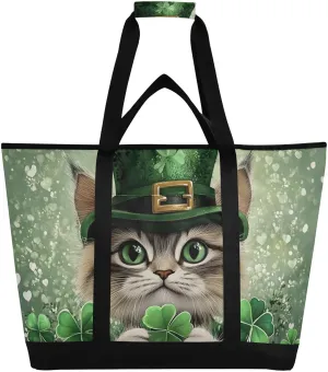 Cute Cat Clover Large Insulated Tote Bag for Grocery Shopping Reusable Tote Bags for Women Men, Cooler Bag with Zippered Top & Handles for Beach Picnic Travel