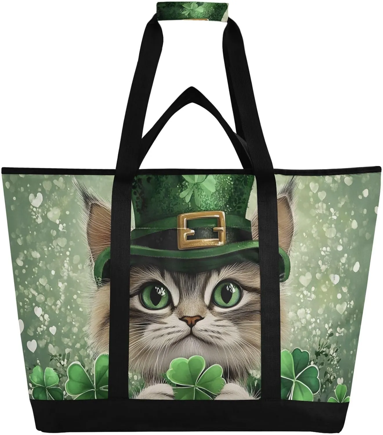 Cute Cat Clover Large Insulated Tote Bag for Grocery Shopping Reusable Tote Bags for Women Men, Cooler Bag with Zippered Top & Handles for Beach Picnic Travel