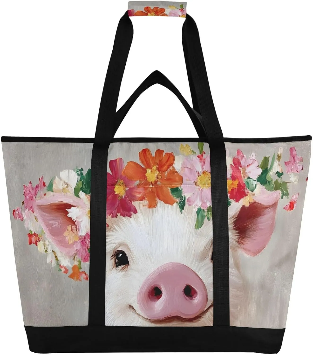 Cute Pig Garland Large Insulated Tote Bag for Grocery Shopping Reusable Tote Bags for Women Men, Cooler Bag with Zippered Top & Handles for Beach Picnic Travel