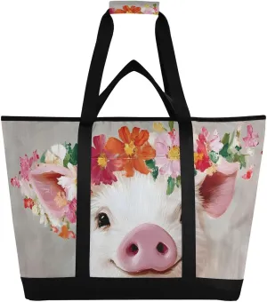Cute Pig Garland Large Insulated Tote Bag for Grocery Shopping Reusable Tote Bags for Women Men, Cooler Bag with Zippered Top & Handles for Beach Picnic Travel
