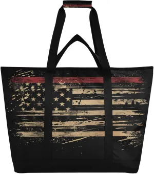 Dark American Flag Large Insulated Tote Bag for Grocery Shopping Reusable Tote Bags for Women Men, Cooler Bag with Zippered Top & Handles for Beach Picnic Travel