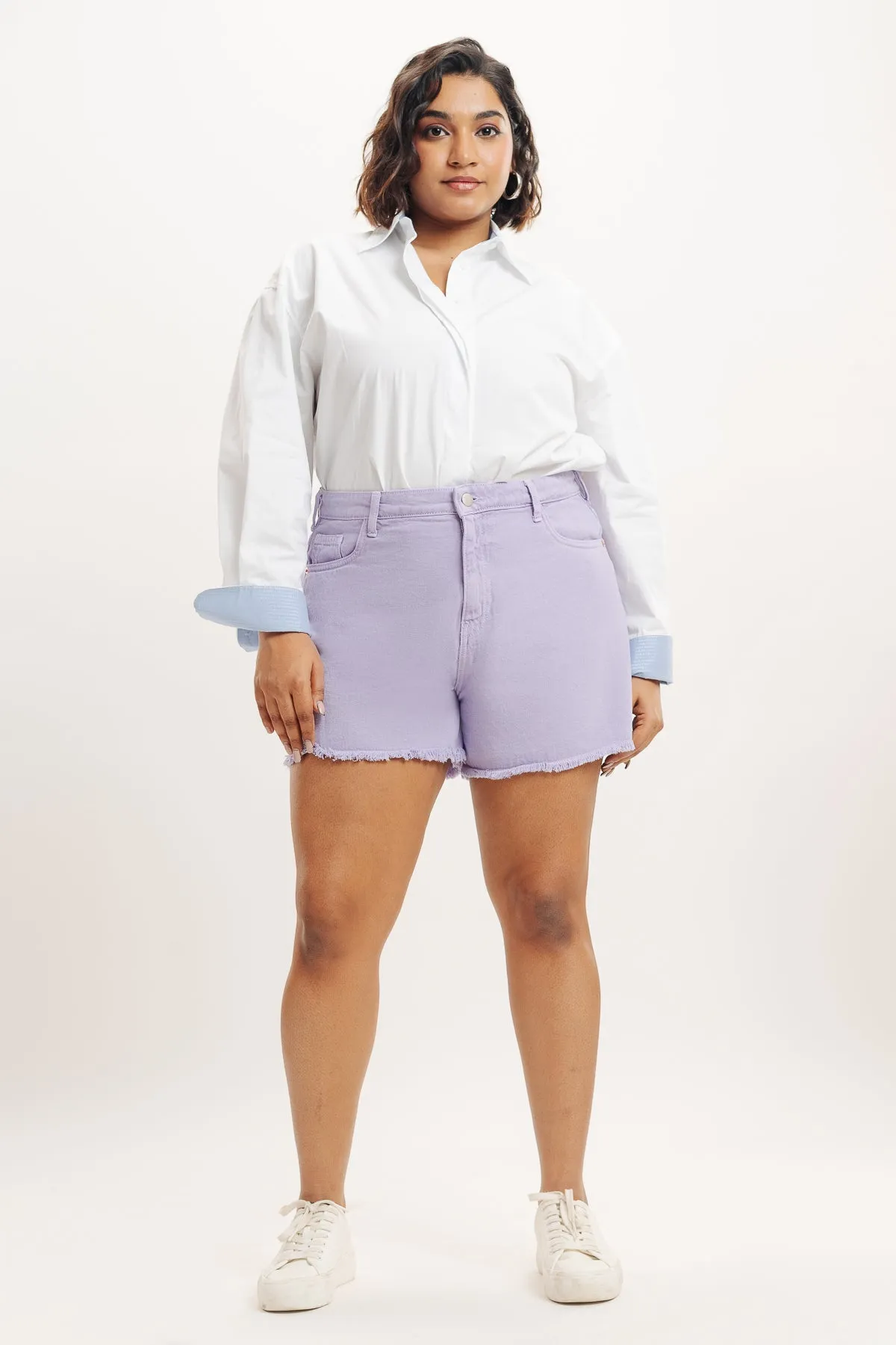 Denim Curve Frayed Hem Lavender Shorts