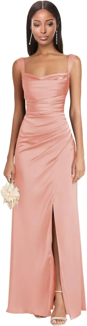 Dessiny Square Neck Satin Bridesmaid Dresses for Women with Slit Spaghetti Straps Pleated Maxi Formal Evening Dress DE236