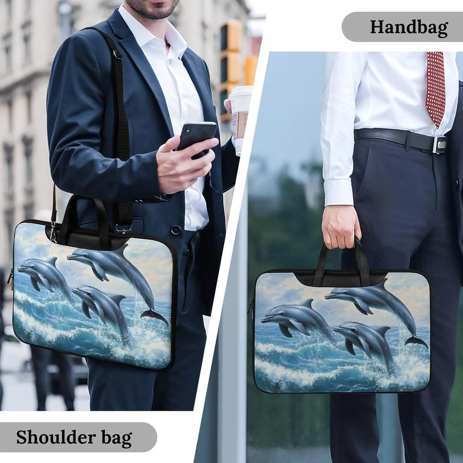 Dolphins Jumping Out Of Ocean Waves Leather Bag Laptop Case Slim Water Resistant Computer Bags with Handle Briefcase for Work
