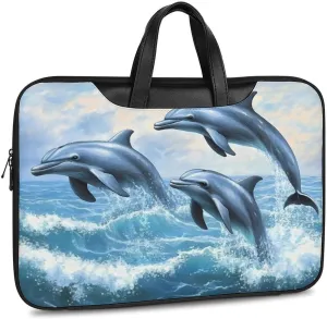 Dolphins Jumping Out Of Ocean Waves Leather Bag Laptop Case Slim Water Resistant Computer Bags with Handle Briefcase for Work