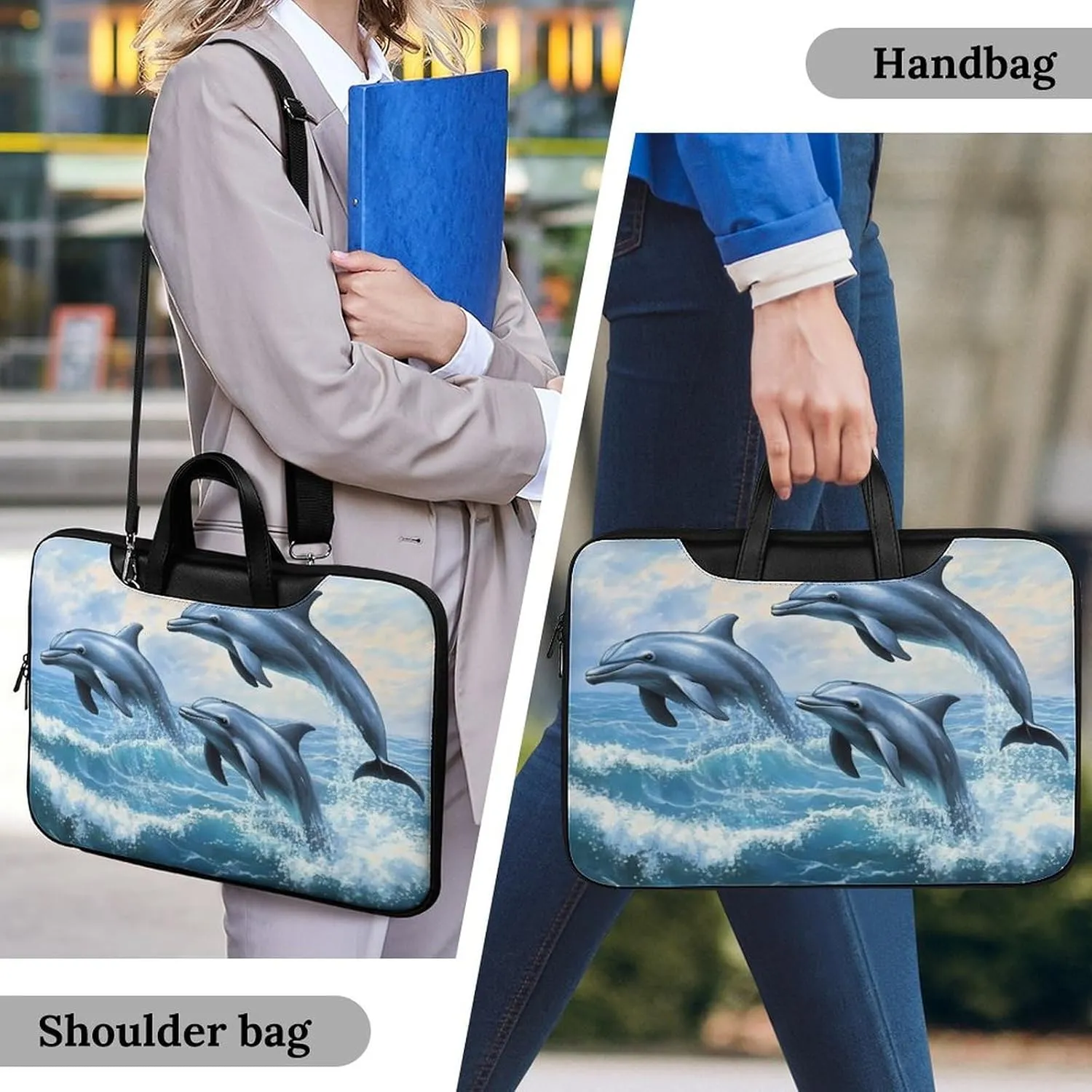 Dolphins Jumping Out Of Ocean Waves Leather Bag Laptop Case Slim Water Resistant Computer Bags with Handle Briefcase for Work