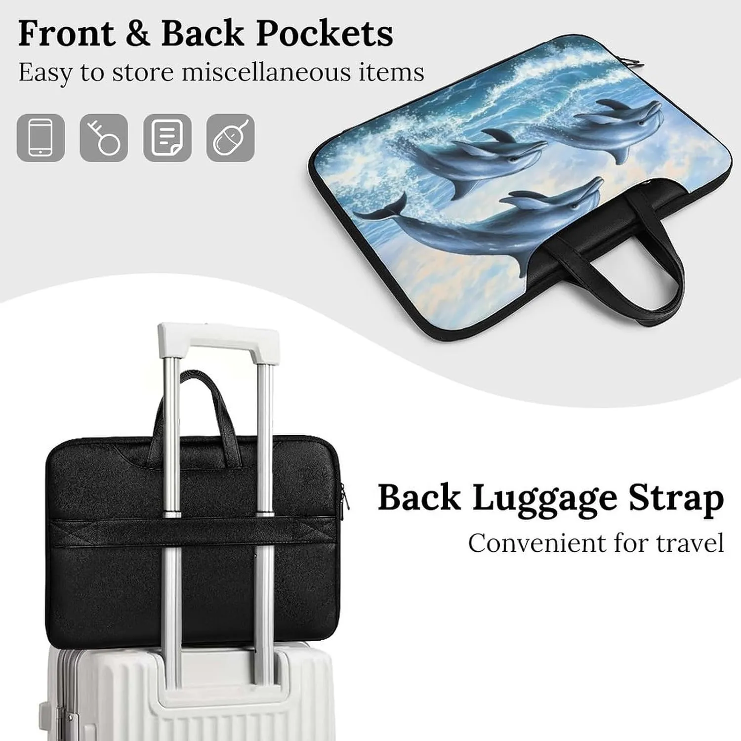 Dolphins Jumping Out Of Ocean Waves Leather Bag Laptop Case Slim Water Resistant Computer Bags with Handle Briefcase for Work