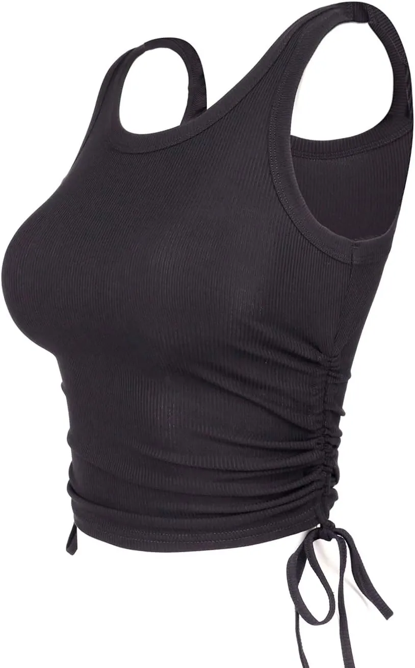 DREAM SLIM-Women's Sleeveless Ruched Ribbed Crop Tank Top-Workout Racerback Crop Tops Camisole Blouses
