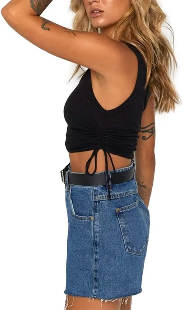 DREAM SLIM-Women's Sleeveless Ruched Ribbed Crop Tank Top-Workout Racerback Crop Tops Camisole Blouses