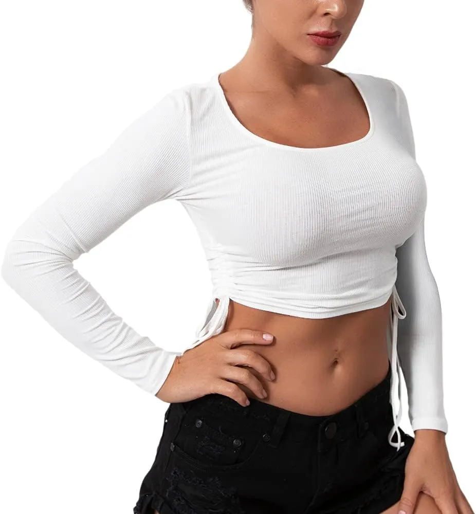 DREAM SLIM-Women's Sleeveless Ruched Ribbed Crop Tank Top-Workout Racerback Crop Tops Camisole Blouses