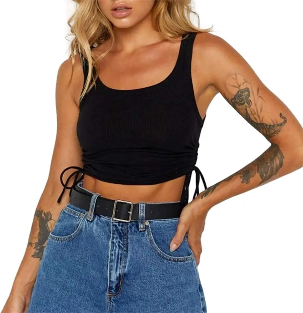 DREAM SLIM-Women's Sleeveless Ruched Ribbed Crop Tank Top-Workout Racerback Crop Tops Camisole Blouses