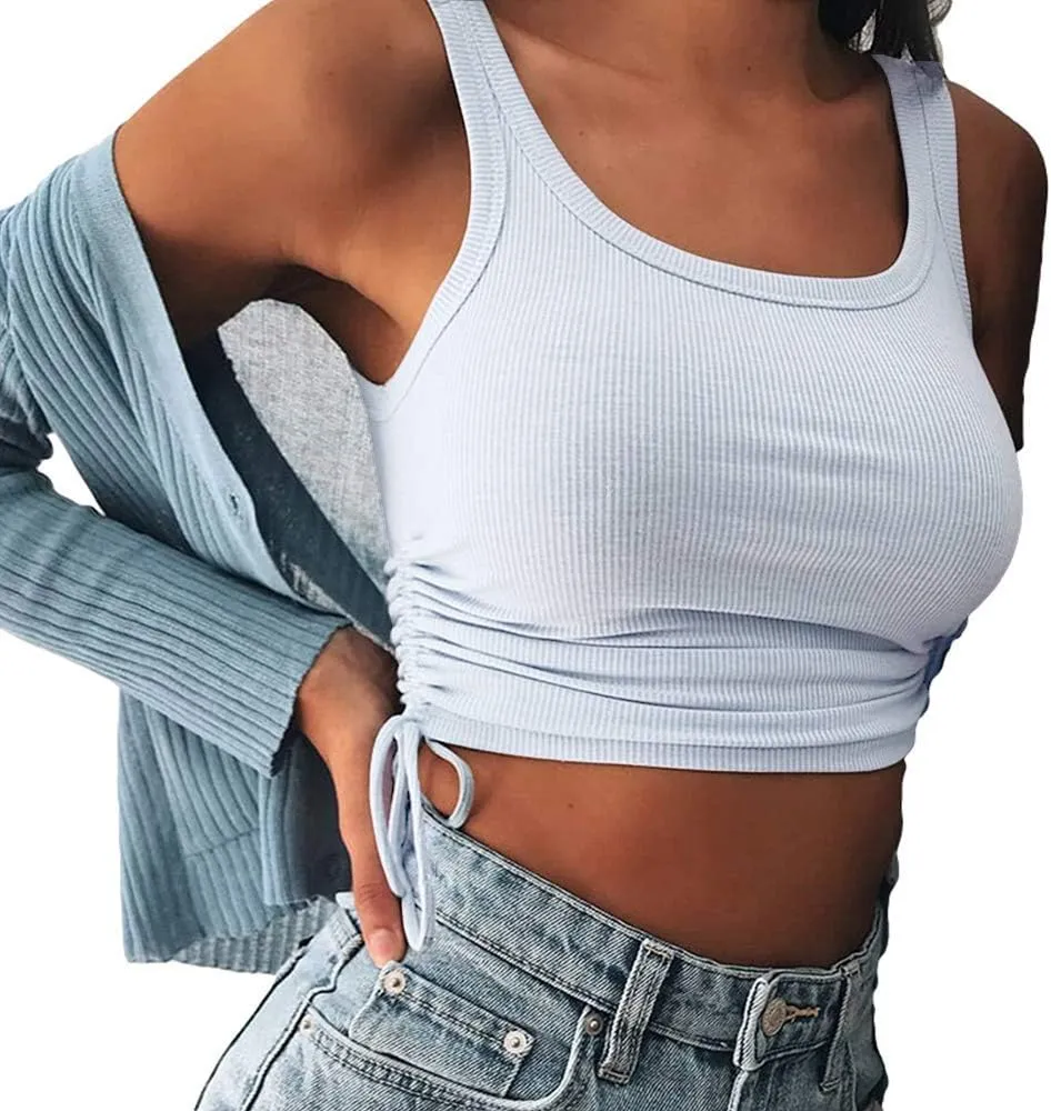 DREAM SLIM-Women's Sleeveless Ruched Ribbed Crop Tank Top-Workout Racerback Crop Tops Camisole Blouses